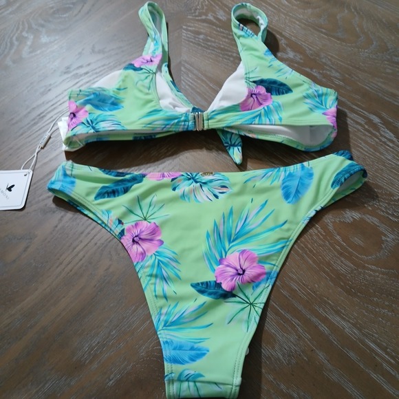 NWT Kamoni Bikini Green Floral Print Scoop Neck Bowknot Front   Sz L - Picture 4 of 14